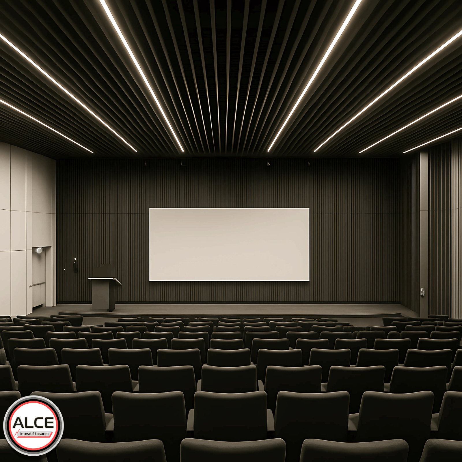 Konferans salonlarında kullanılan koyu tonlu metal baffle asma tavan sistemi, dikey panel yerleşimi ve entegre lineer LED aydınlatma ile profesyonel bir atmosfer sunarken, akustik ve görsel konforu bir araya getirir – Alce İnovatif Tasarım